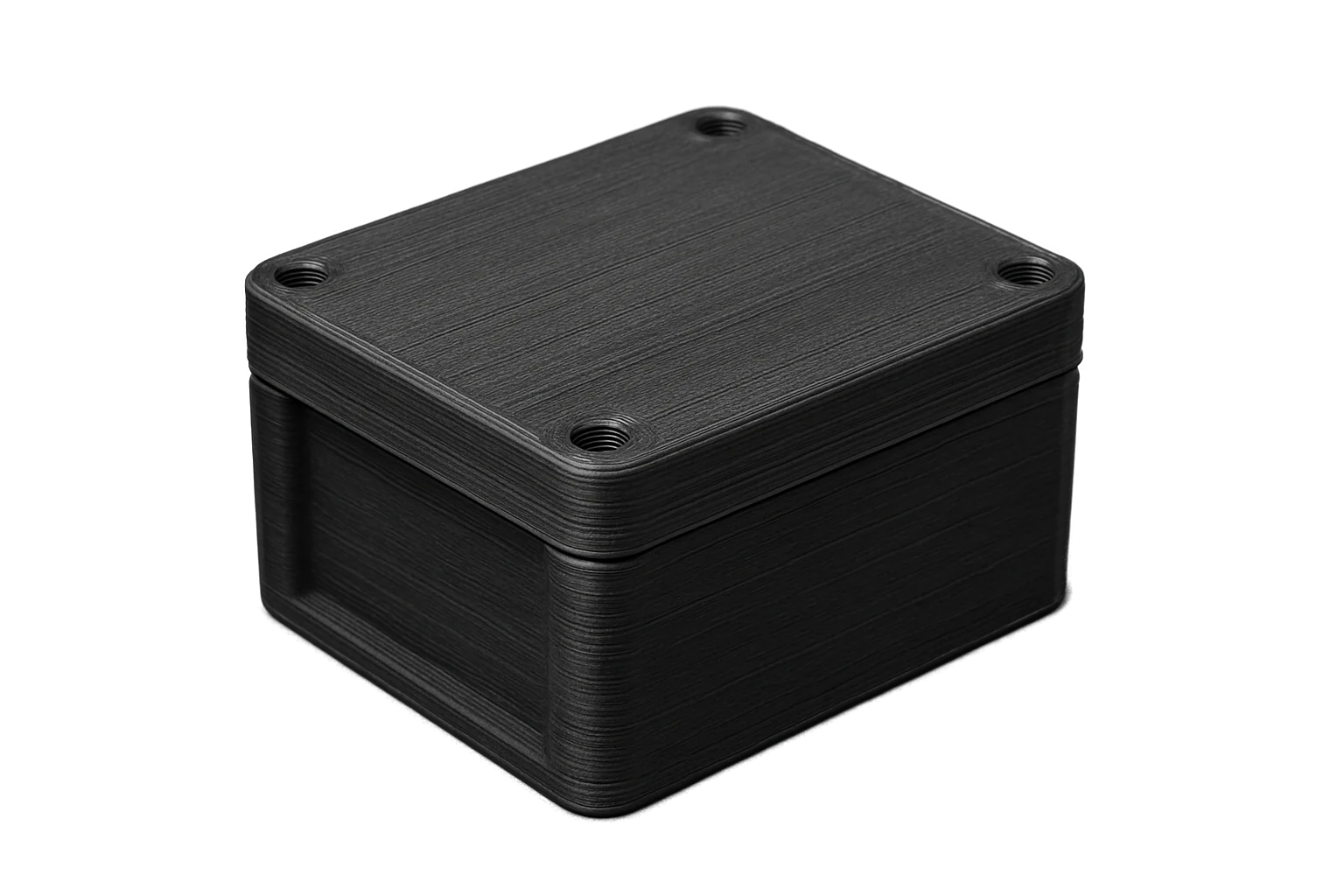 An electronics enclosure 3D-printed in black Rev1 PC-ABS Alloy