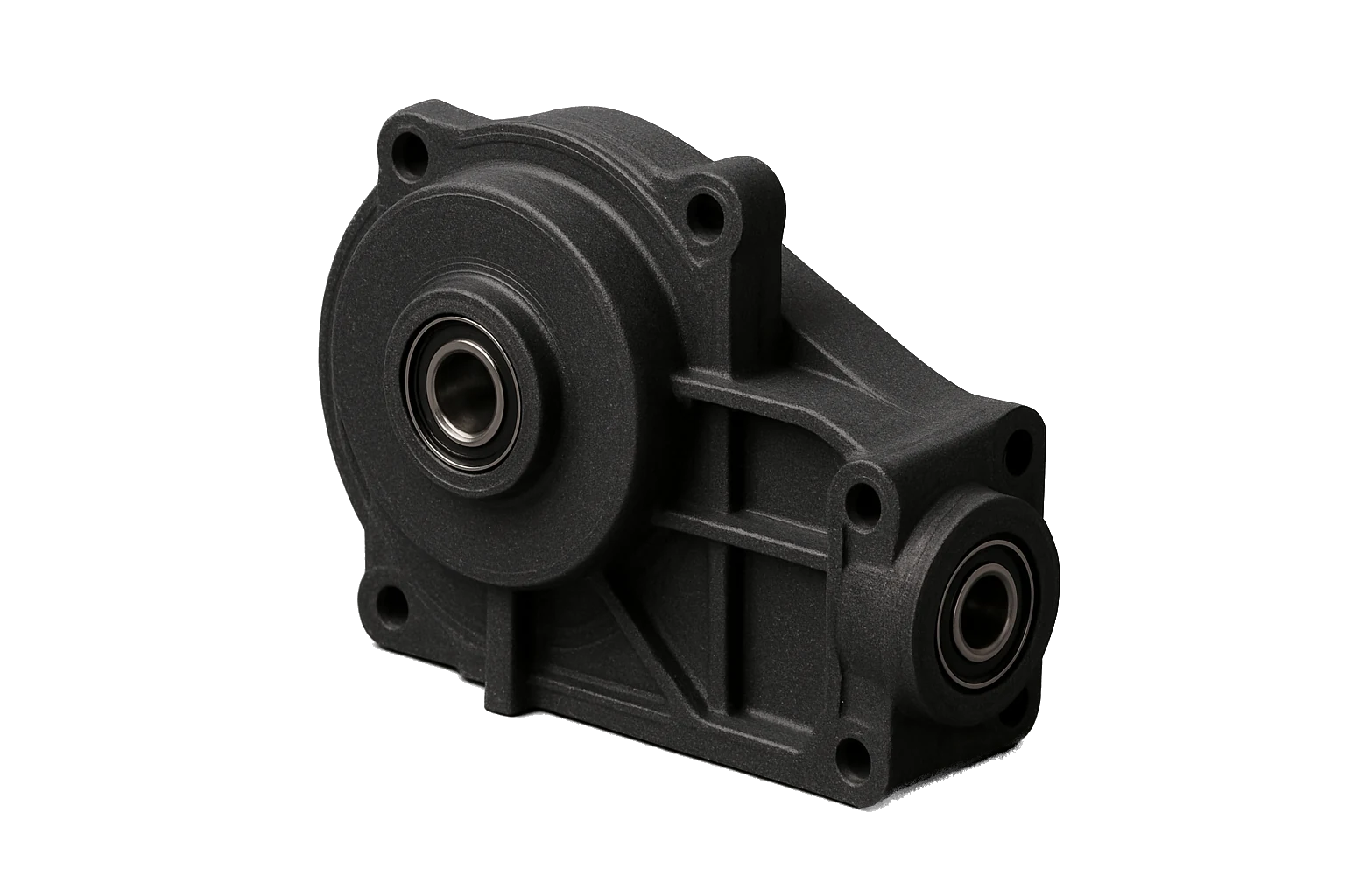 A carbon-black motor gearbox housing 3D-printed in Rev1 PC+-CF carbon-fiber polycarbonate