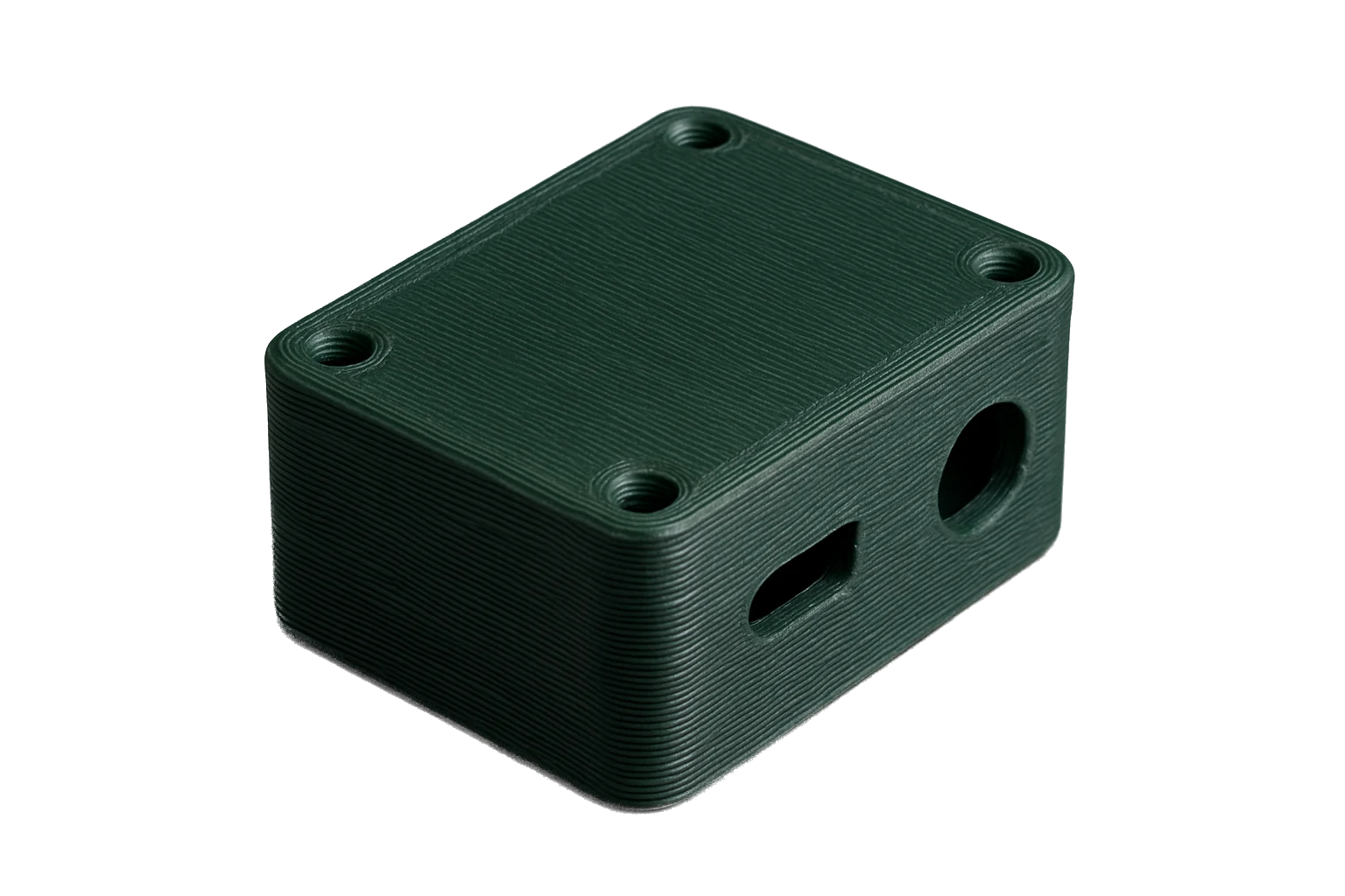 Part 3D-printed in Rev1 PETG Dark Green — full solid color spectrum