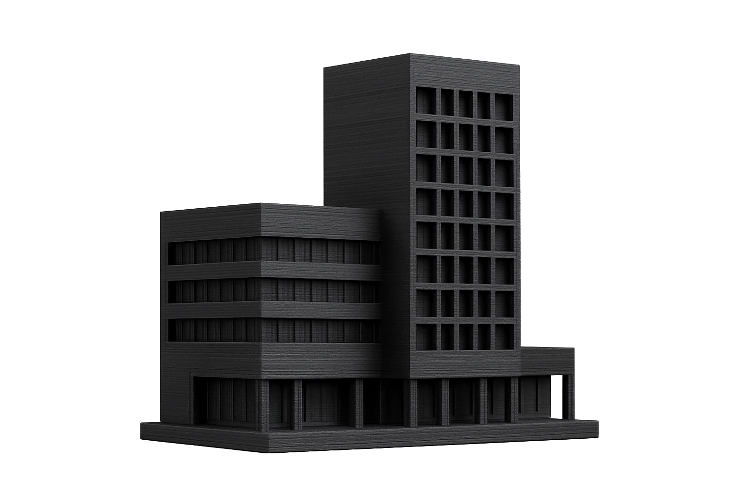 Architectural scale model 3D-printed in matte-black carbon-fiber PLA-CF