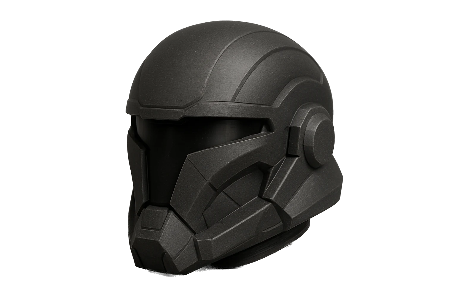 Cosplay helmet prop 3D-printed in matte-black carbon-fiber PLA-CF