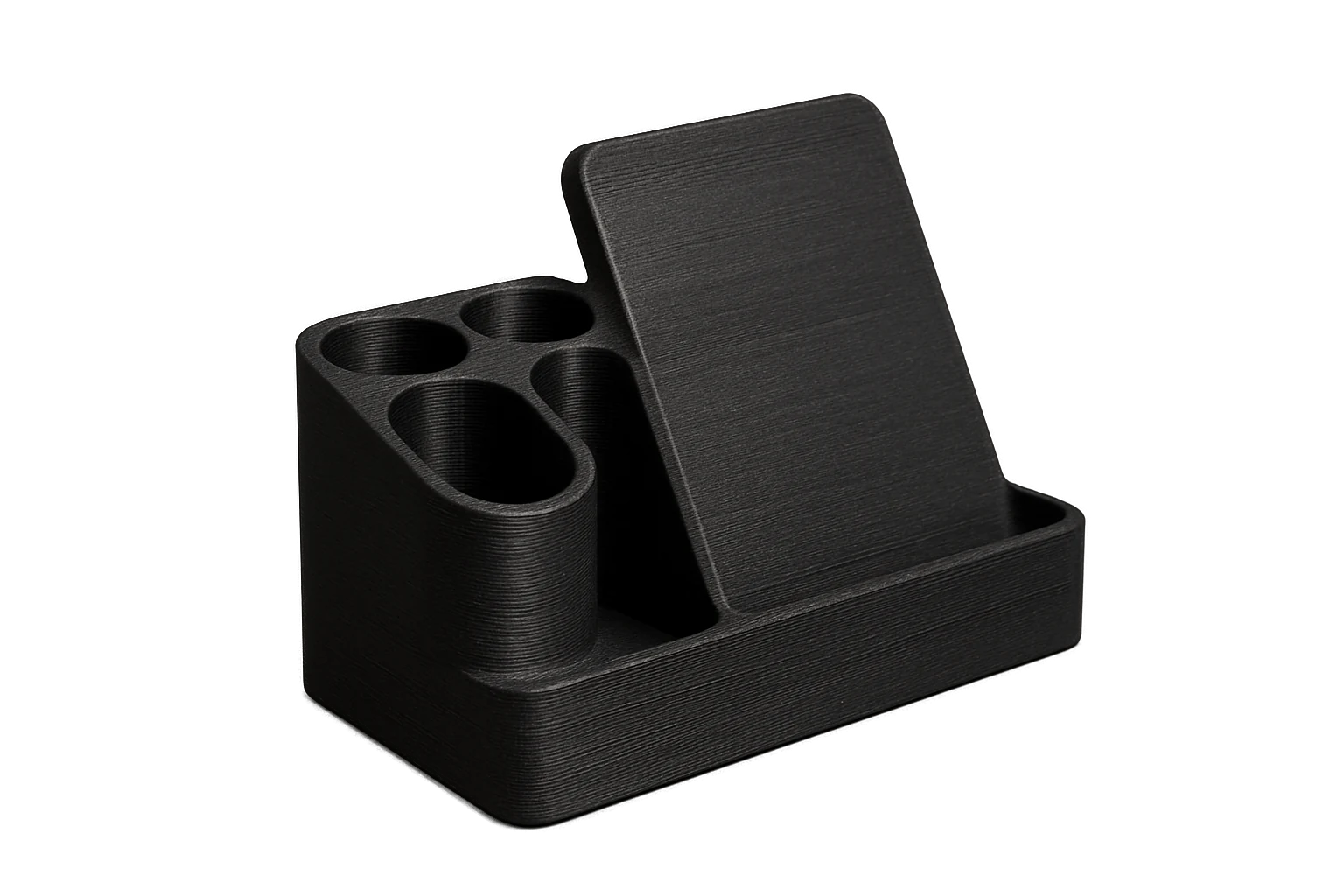 Desk organizer 3D-printed in matte-black carbon-fiber PLA-CF