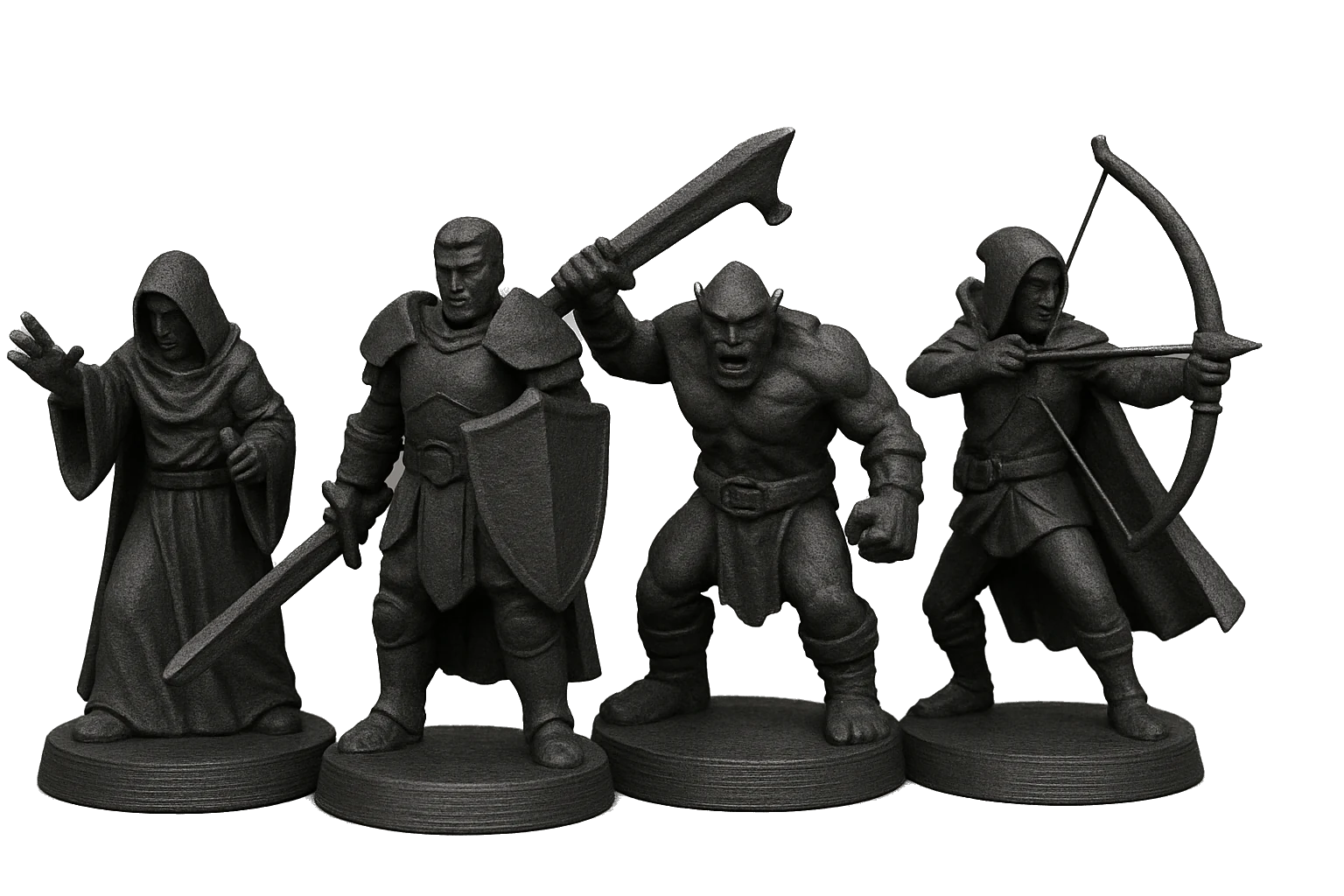 Tabletop miniatures 3D-printed in matte-black carbon-fiber PLA-CF