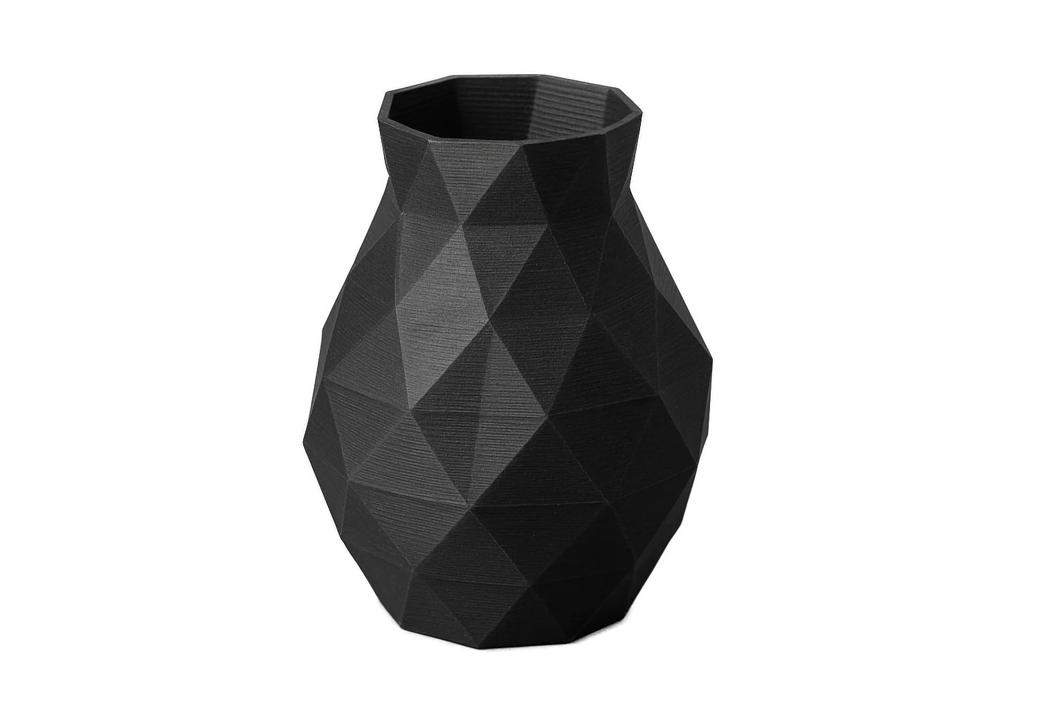 Faceted decorative vase 3D-printed in matte-black carbon-fiber PLA-CF