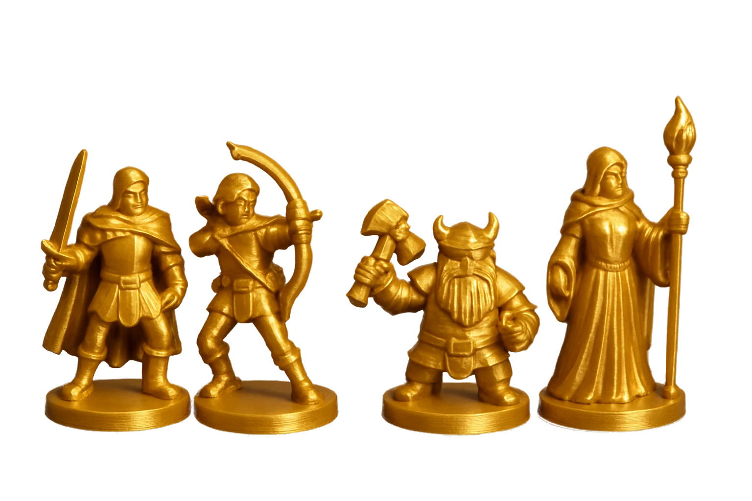Display miniatures 3D-printed in glossy silk PLA with a shiny single-tone finish