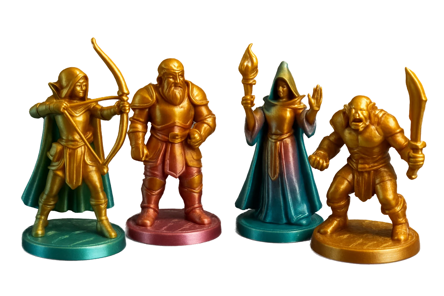 Display miniatures 3D-printed in glossy tri-tone silk PLA