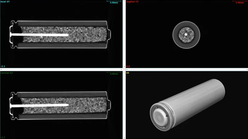 CT scan of a cylindrical battery cell showing internal winding and defects