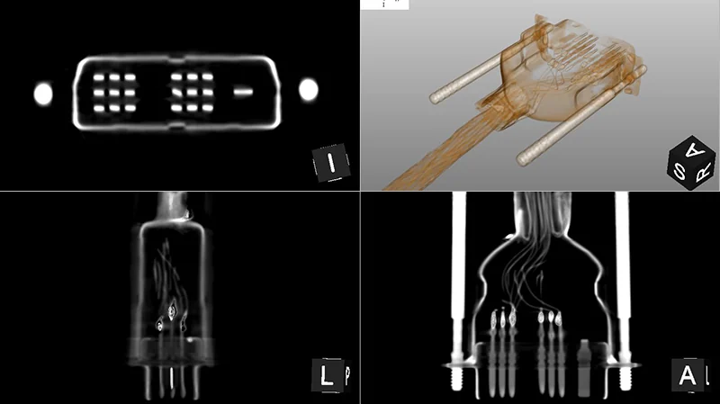 CT scan of a cable and connector assembly showing internal conductors