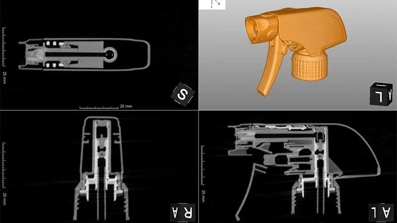 CT scan of a moulded plastic trigger nozzle showing wall thickness and voids