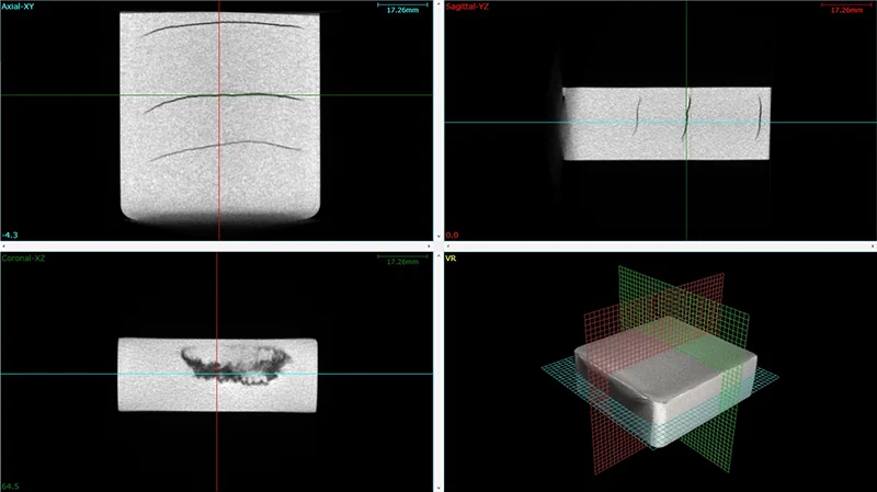 NAOMi-CT 3D-Slide L CT scan of a moulded part &mdash; 3D volume with internal cross-sections