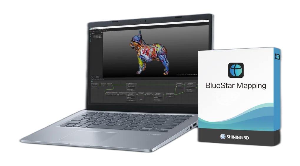 SHINING 3D BlueStar Mapping software — laptop running the texturing workflow beside the software package box