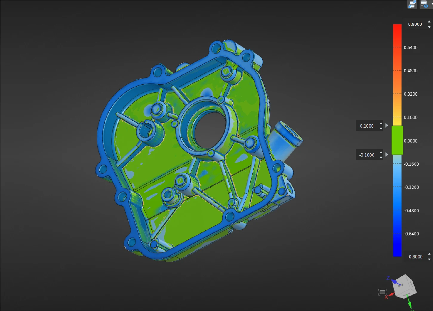 SHINING 3D EXMeasure full-field 3D comparison — a color deviation map comparing scan data to a reference CAD model