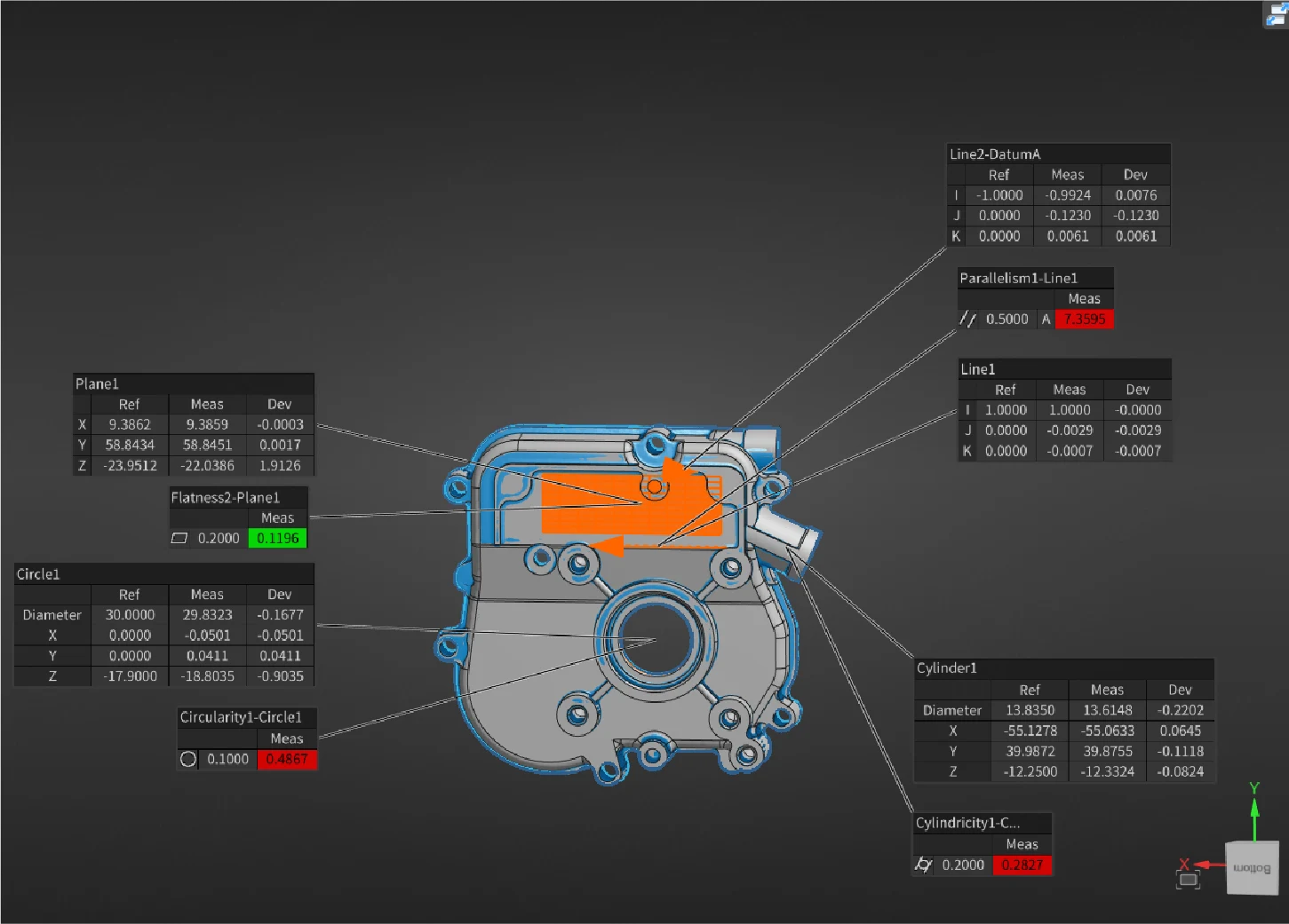 SHINING 3D EXMeasure essential GD&T evaluation panel with datums and tolerance results