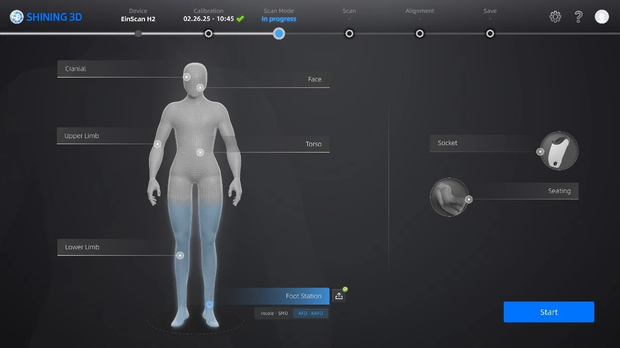 SHINING 3D EXScan O&P body scan-mode selection screen with cranial, limb, torso, foot, and socket presets