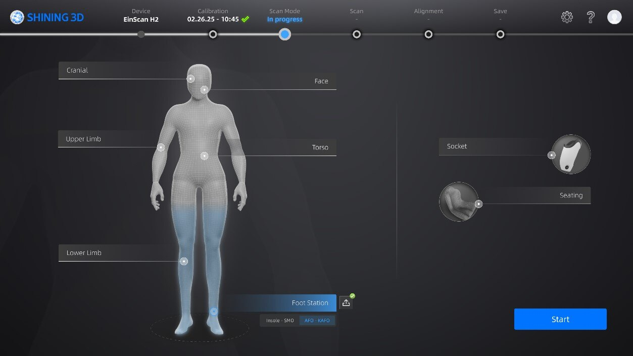 EXScan O&P scan-mode screen with a body model and cranial, limb, torso, foot-station, and socket presets