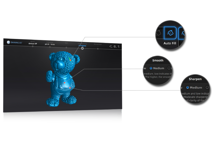 SHINING 3D EXScan editing tools — Auto Fill, Smooth, and Sharpen callouts on a scanned teddy-bear mesh