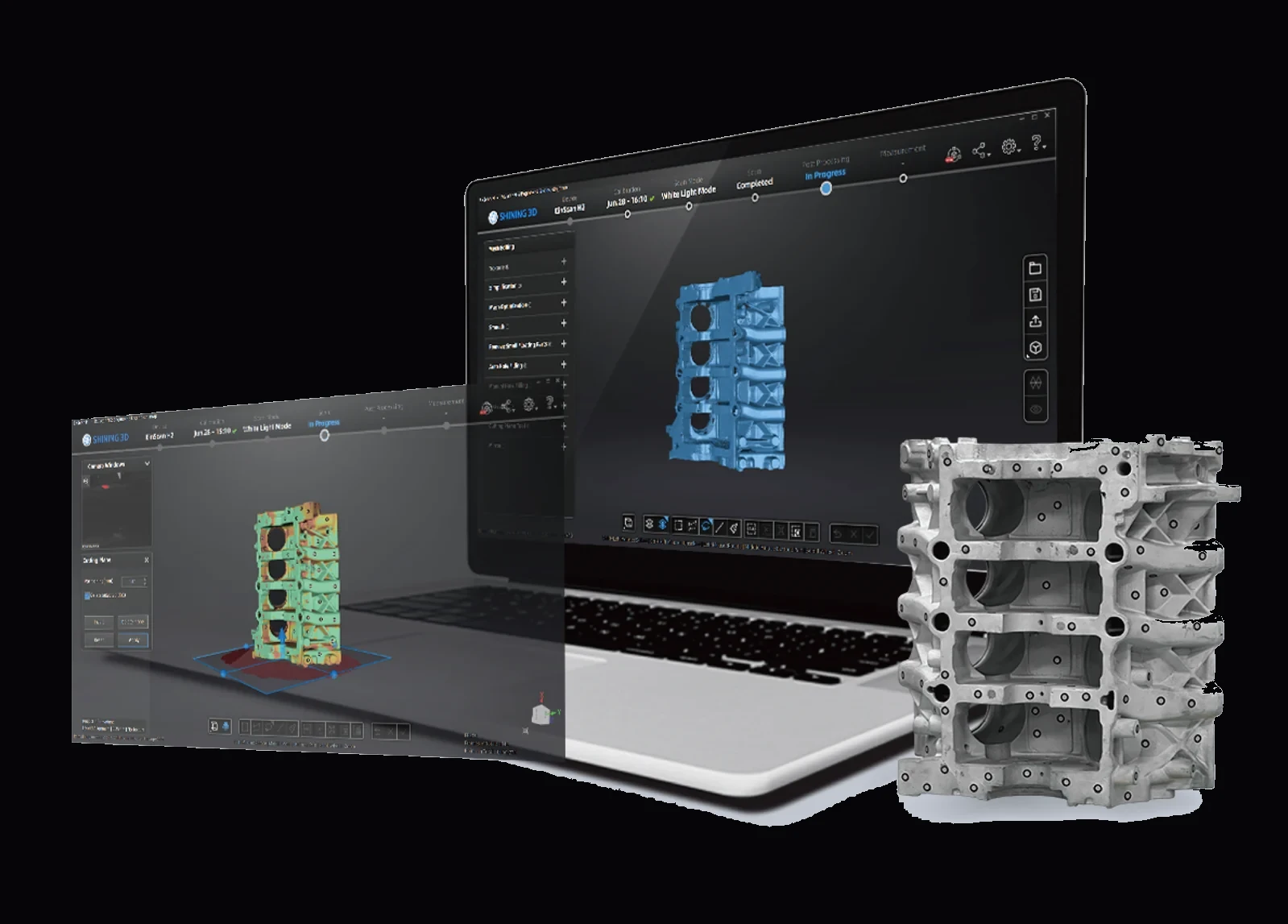 SHINING 3D EXScan software running on a laptop, post-processing a white-light scan of a metal engine block