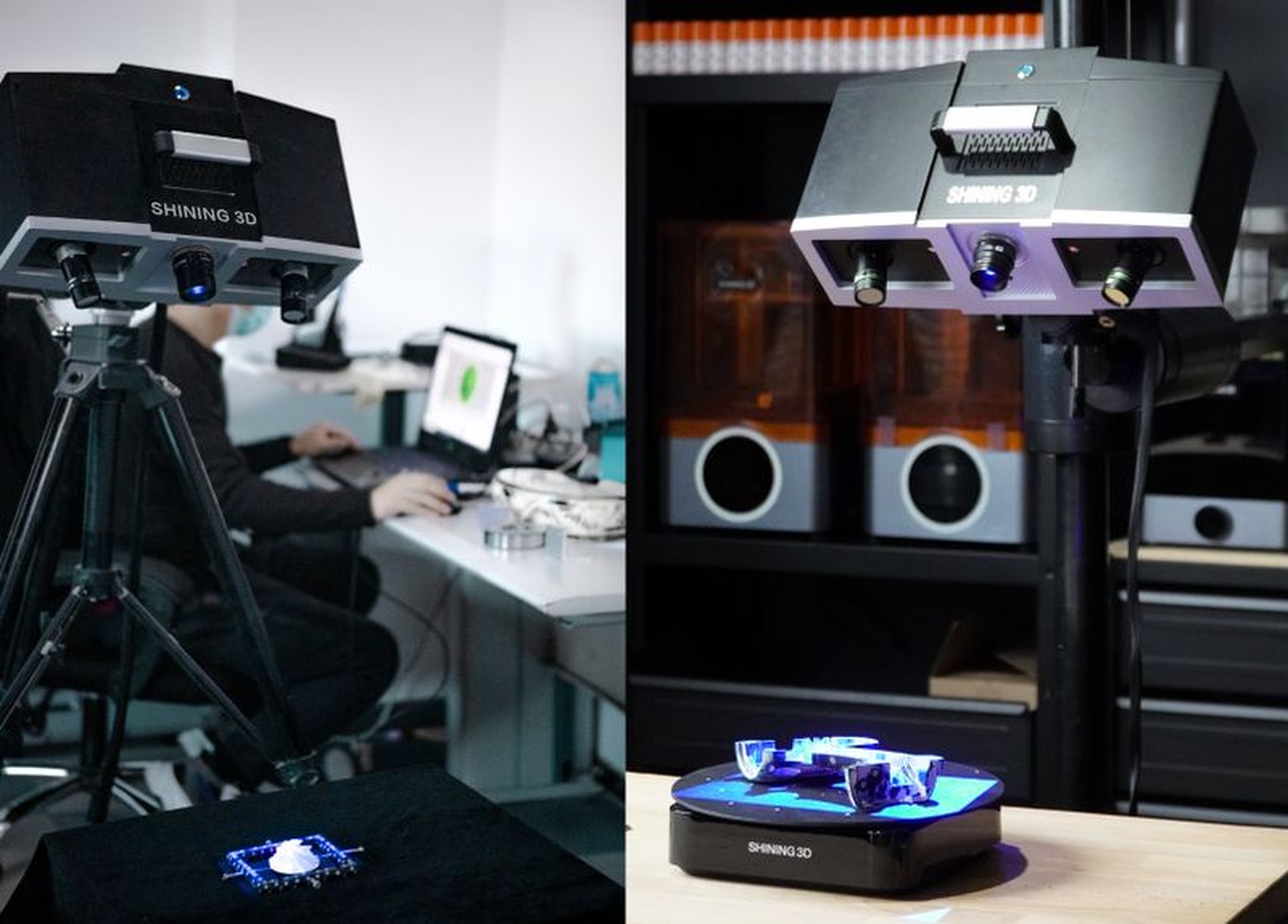 Operator running the OptimScan 5M Plus on a tripod and turntable in a lab, scanning blue-lit parts for multi-scan alignment