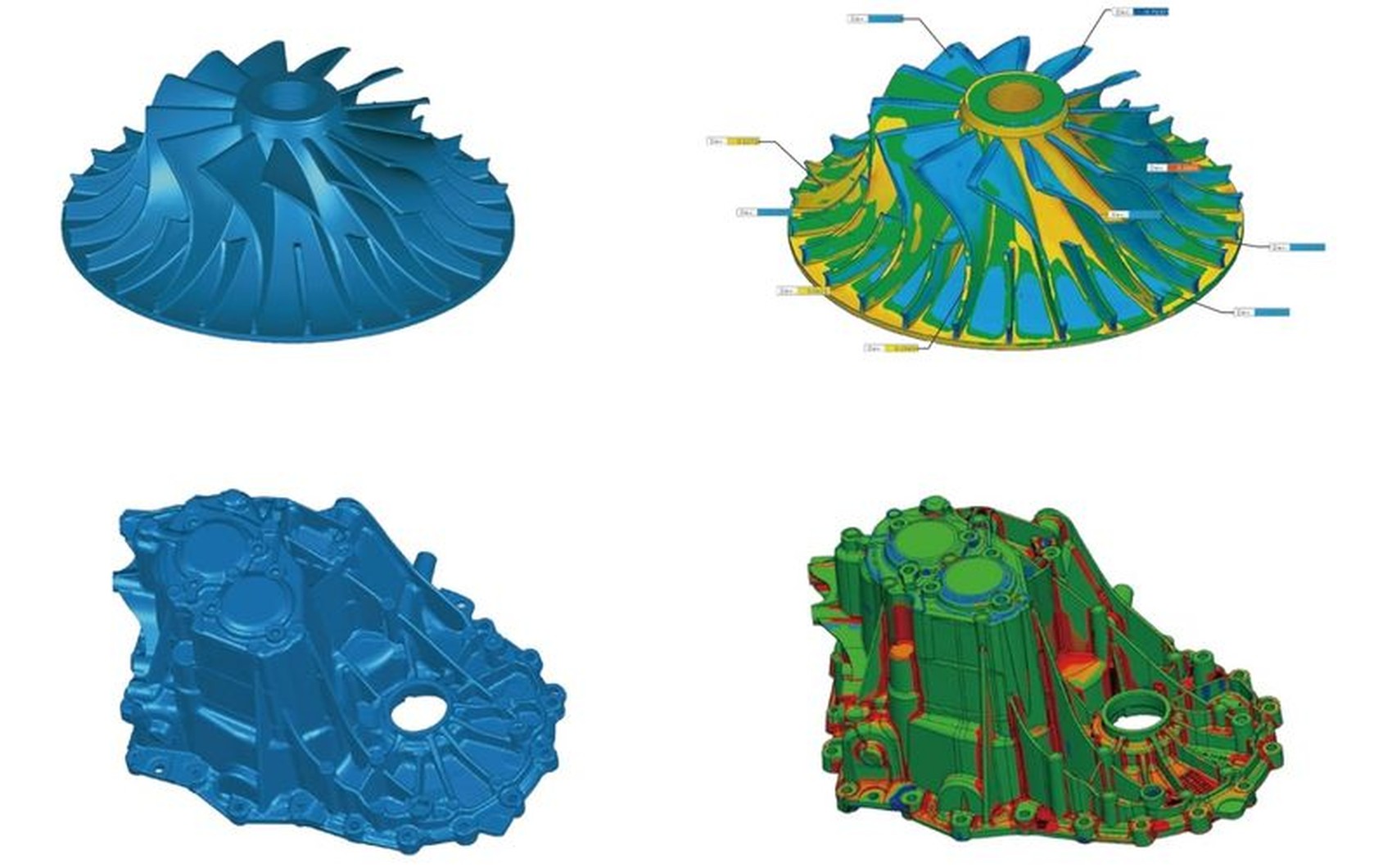 OptimScan 5M Plus scan results &mdash; impeller and gearbox housing shown as blue mesh and color-coded deviation maps