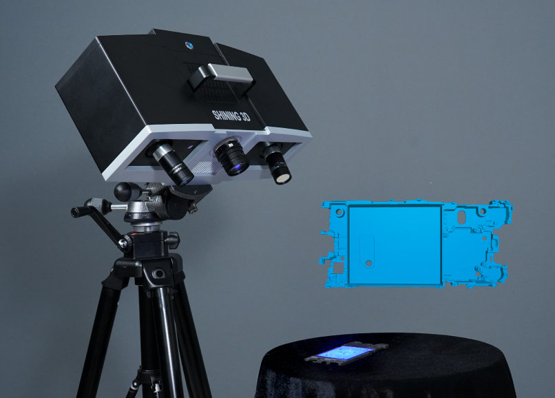 OptimScan 5M Plus capturing a glossy phone panel with HDR &mdash; complete blue scan data of a high-contrast surface