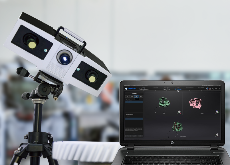 OptimScan 5M Plus on a tripod beside a laptop running the guided capture and alignment software
