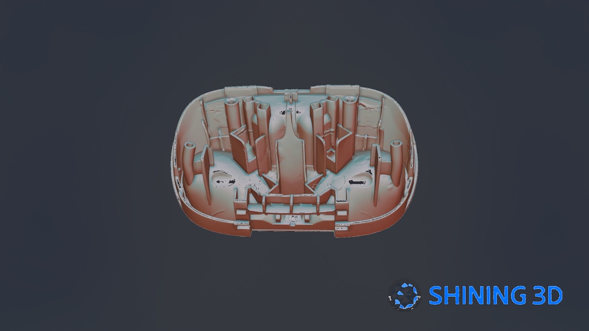 OptimScan Q12 HD scan result &mdash; earbud case mold with deep cavities and fine ribs, click to rotate in 3D