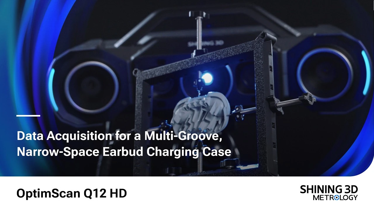 OptimScan Q12 HD scanning a multi-groove narrow-space earbud charging case &mdash; play the data acquisition video