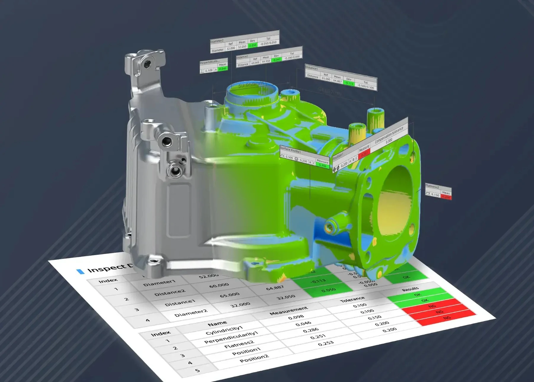 SHINING3D Inspect GD&T deviation color map of a valve body from OptimScan Q12 HD scan data with an inspection report