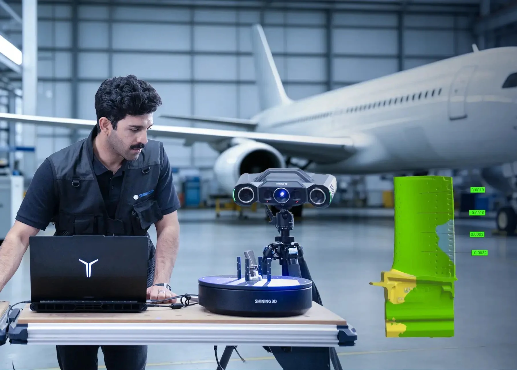 Engineer scanning a precision part with the tripod-mounted OptimScan Q12 HD in an aircraft hangar, scan data on the laptop