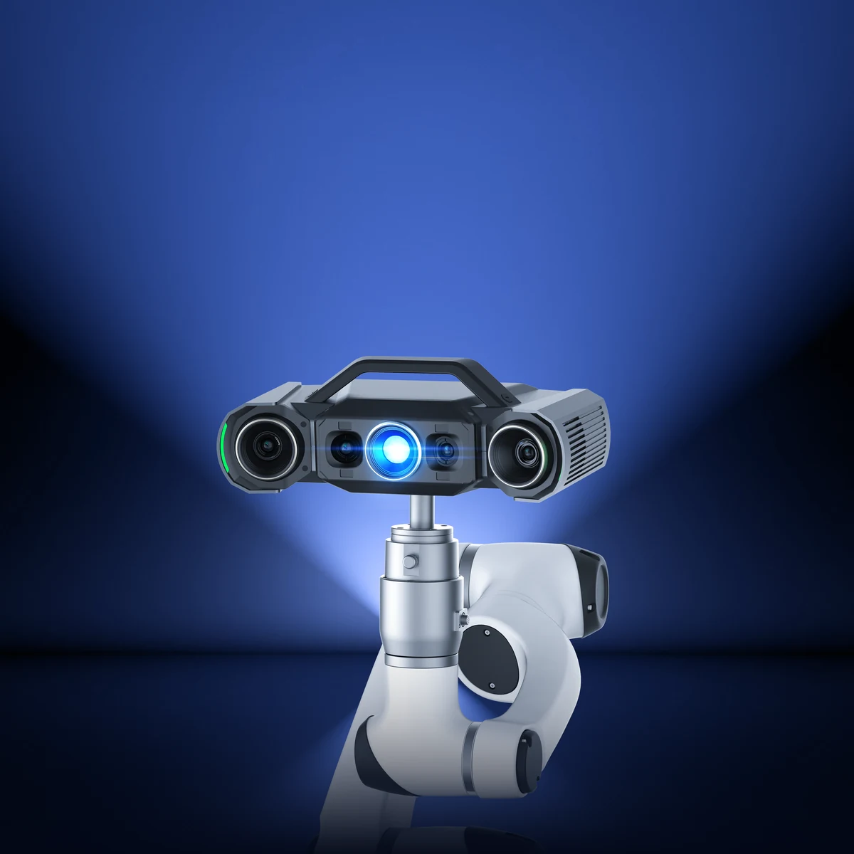 SHINING 3D OptimScan Q12 HD metrology 3D inspection scanner — front view with blue LED projector on a robotic mount