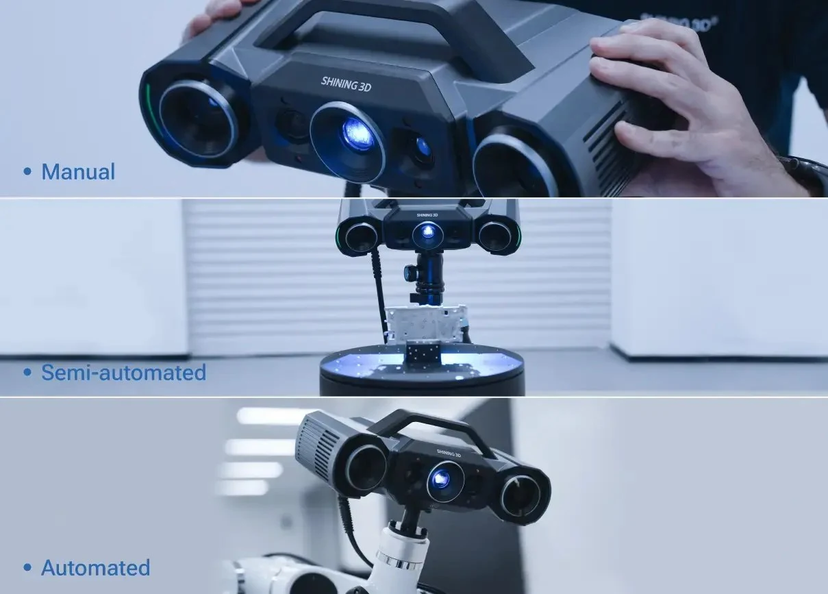 OptimScan Q12 HD three operation modes &mdash; manual handheld, semi-automated turntable, and automated robotic operation