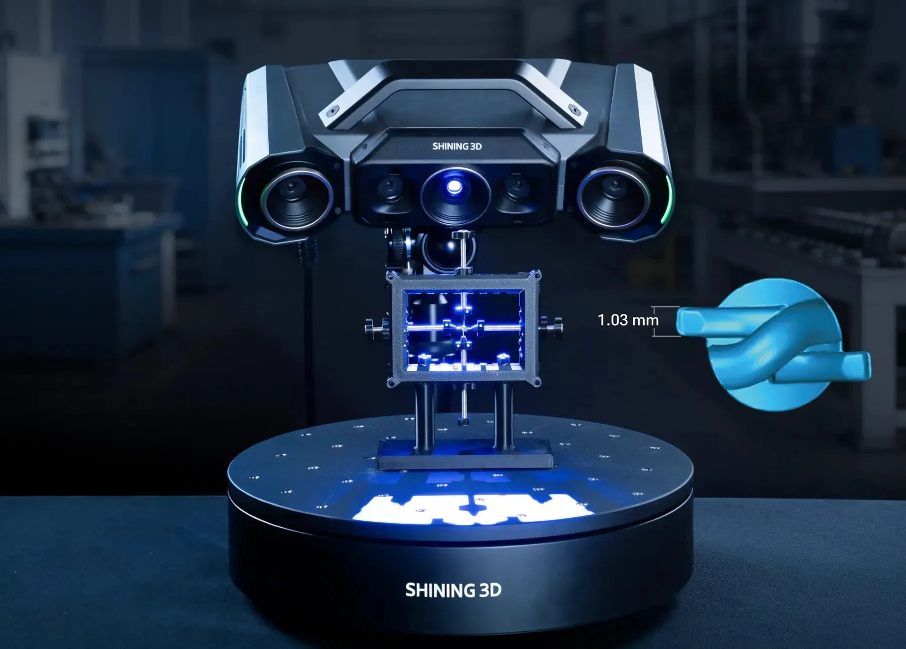 OptimScan Q12 HD above an automatic turntable with high-density HD scan data and a 0.03 mm point-distance callout