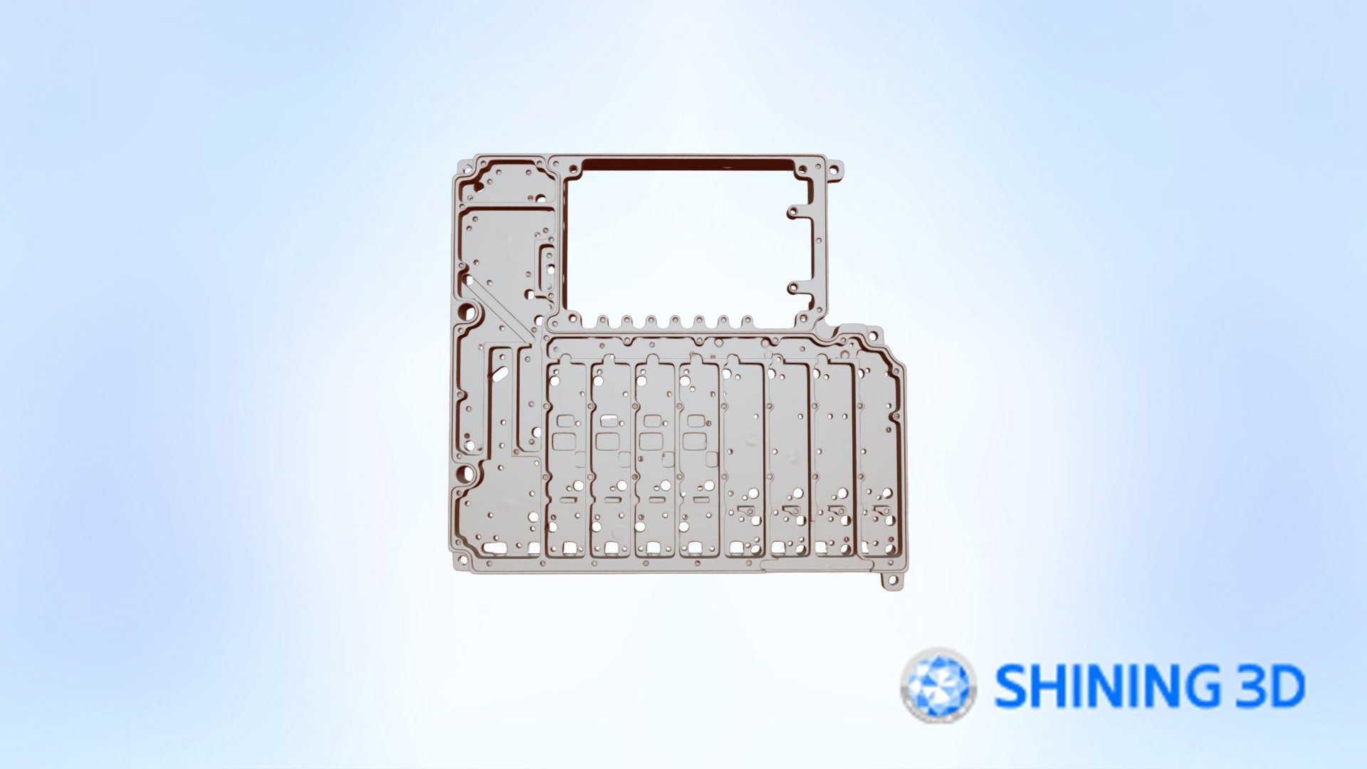 OptimScan Q12 scan result &mdash; RF front-end housing, interactive 3D model &mdash; click to rotate in 3D