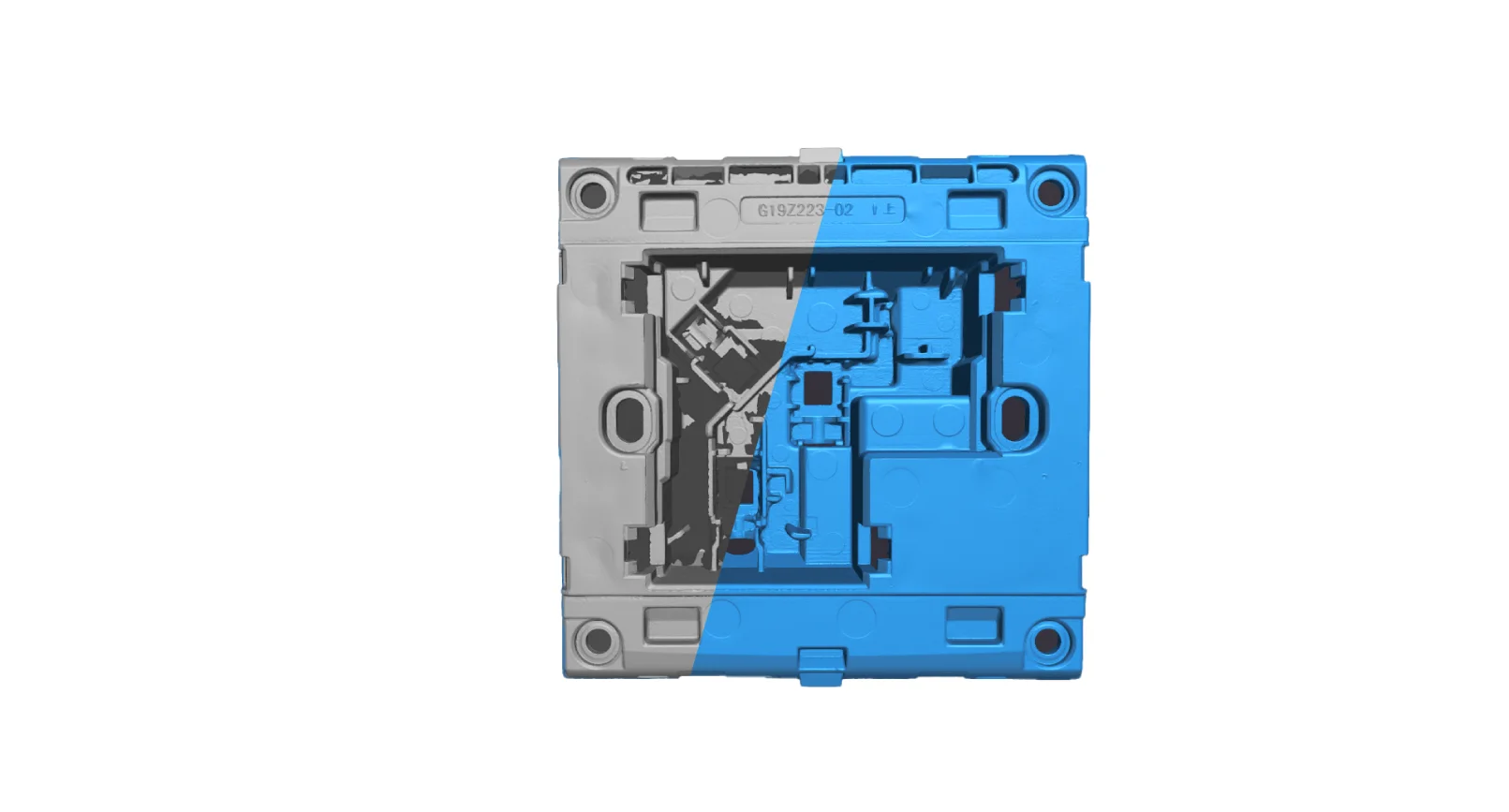 OptimScan Q12 scan data of a mold plate &mdash; MSF off (grey, with gaps) versus MSF on (blue, complete coverage)
