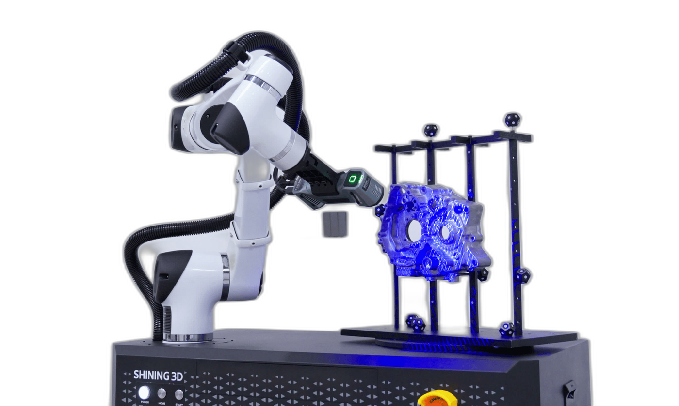 SHINING 3D RobotScan automated robotic 3D inspection cell scanning an engine crankcase