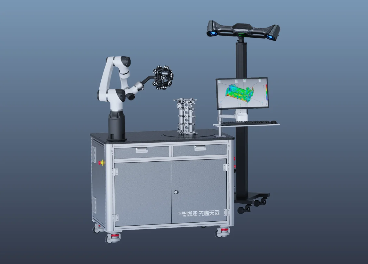 Mobile RobotScan metrology cart with cobot arm, turntable of small parts, tracker, and monitor on a wheeled cabinet