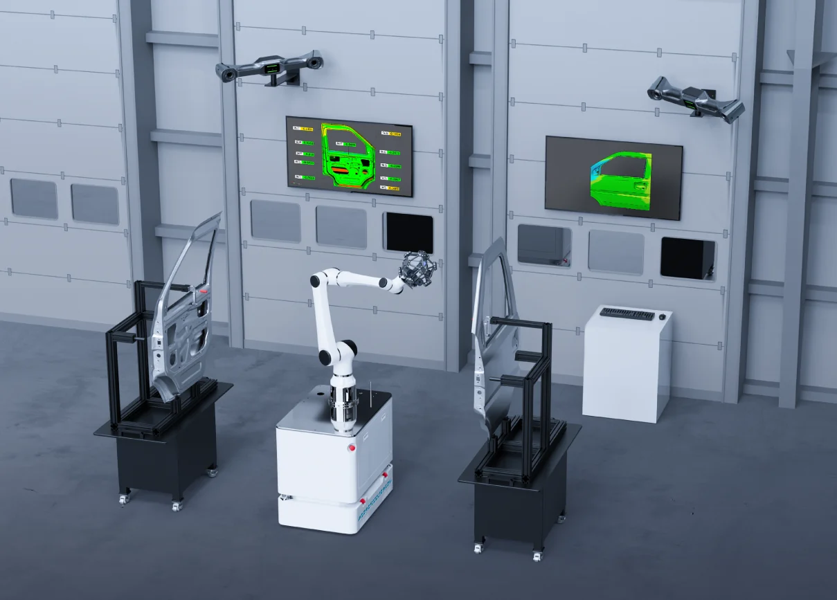 Multi-station automated RobotScan inspection line with overhead monitors showing scan results in a factory