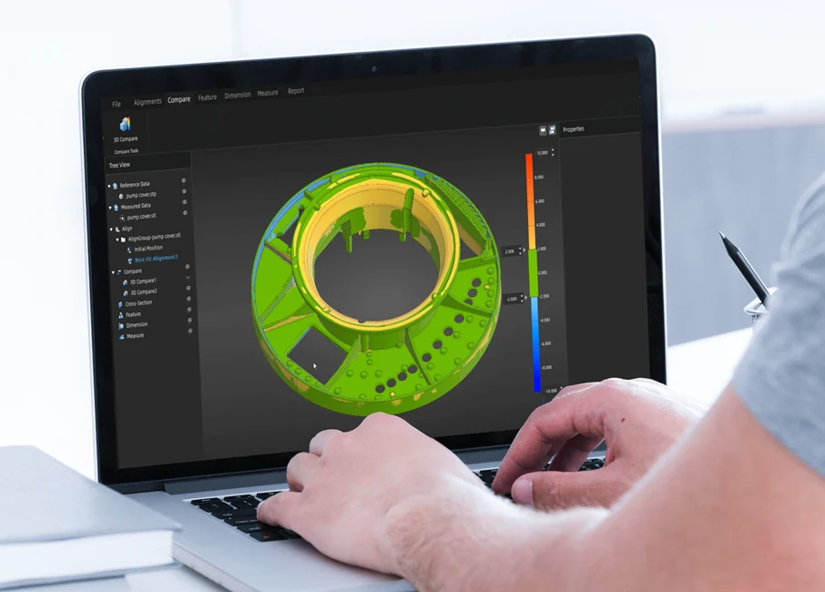 SHINING 3D Inspect desktop inspection mode on a workstation with the 3D viewport and inspection tree