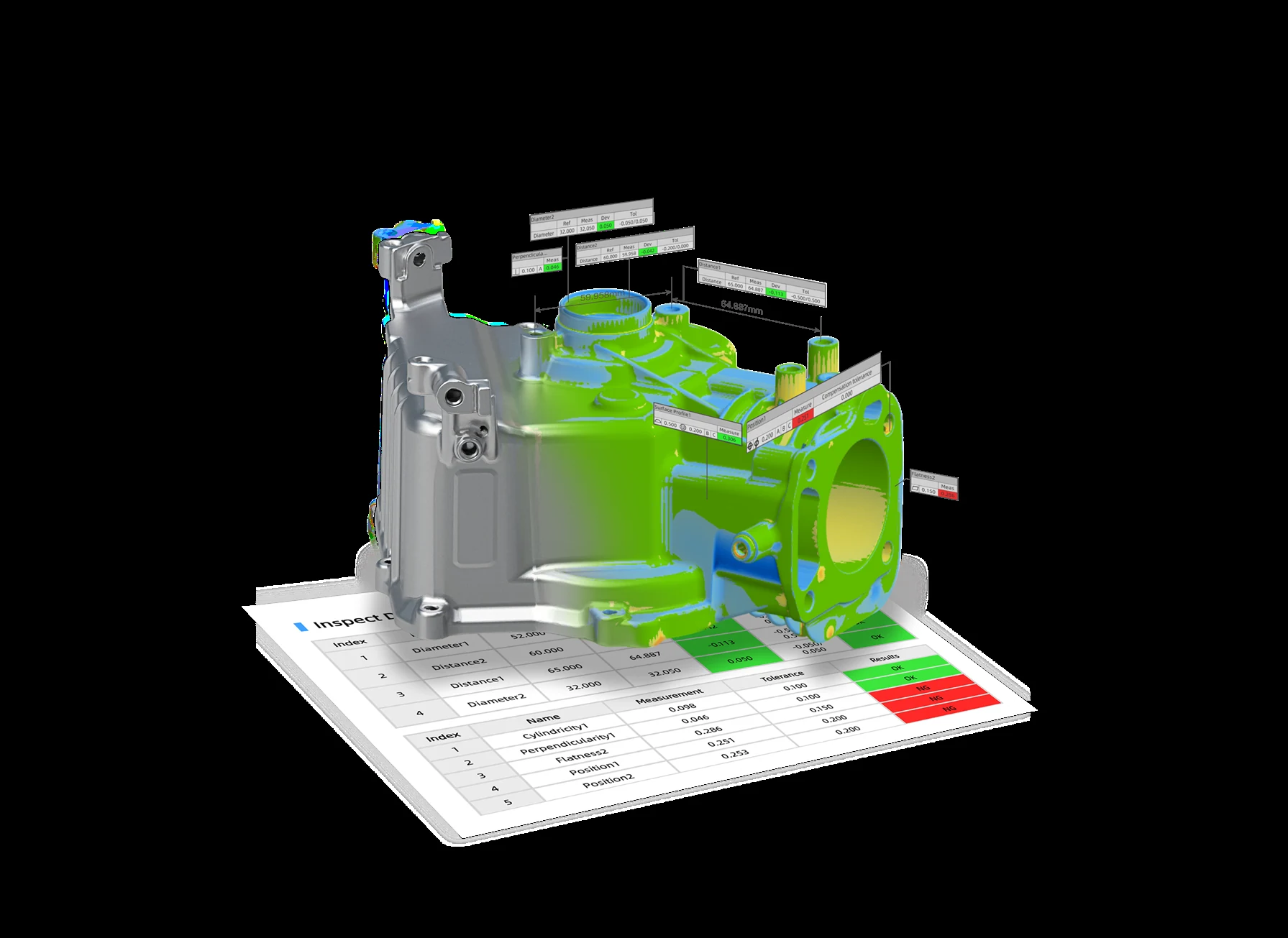 SHINING 3D Inspect standard-compliant GD&T evaluation panel with feature callouts and tolerance results