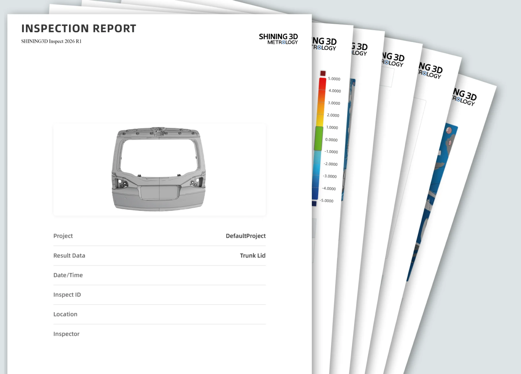 SHINING 3D Inspect automated and customizable inspection report with deviation results and feature tables