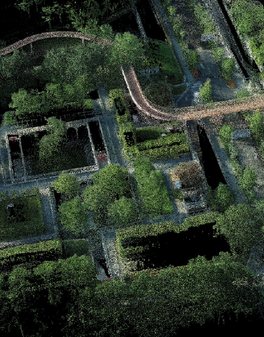 Aerial view of a colorized point cloud of a park and bridge captured with the LixelKity K1 &mdash; centimeter-level detail across walkways and vegetation