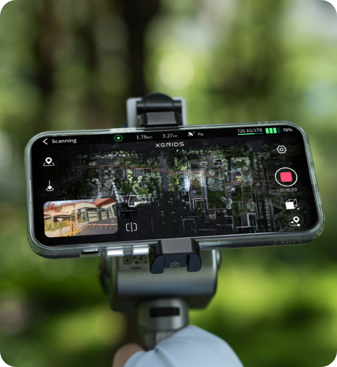 Smartphone on the LixelKity K1 phone mount running the LixelGO app with a live point cloud preview