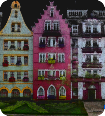Colorized dense point cloud of an ornate building facade being refined toward a 3D Gaussian Splat in LixelCyberColor