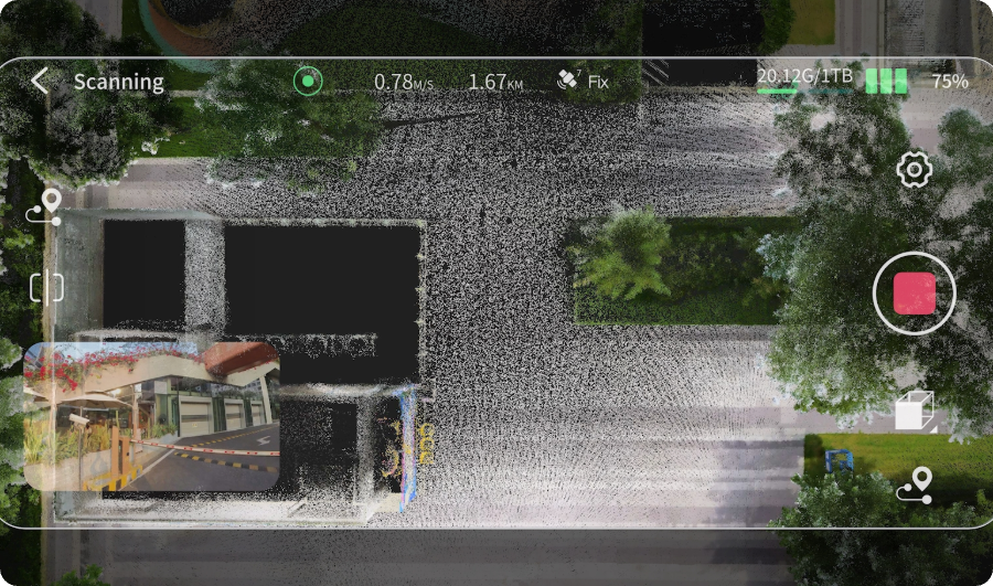 LixelGo live scan interface showing real-time point cloud, RTK fix status, speed and storage during a Lixel L2 Pro capture