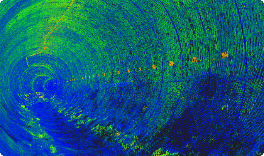 Intensity-colored interior point cloud of a long tunnel captured by the Lixel L2 Pro in a GPS-denied environment