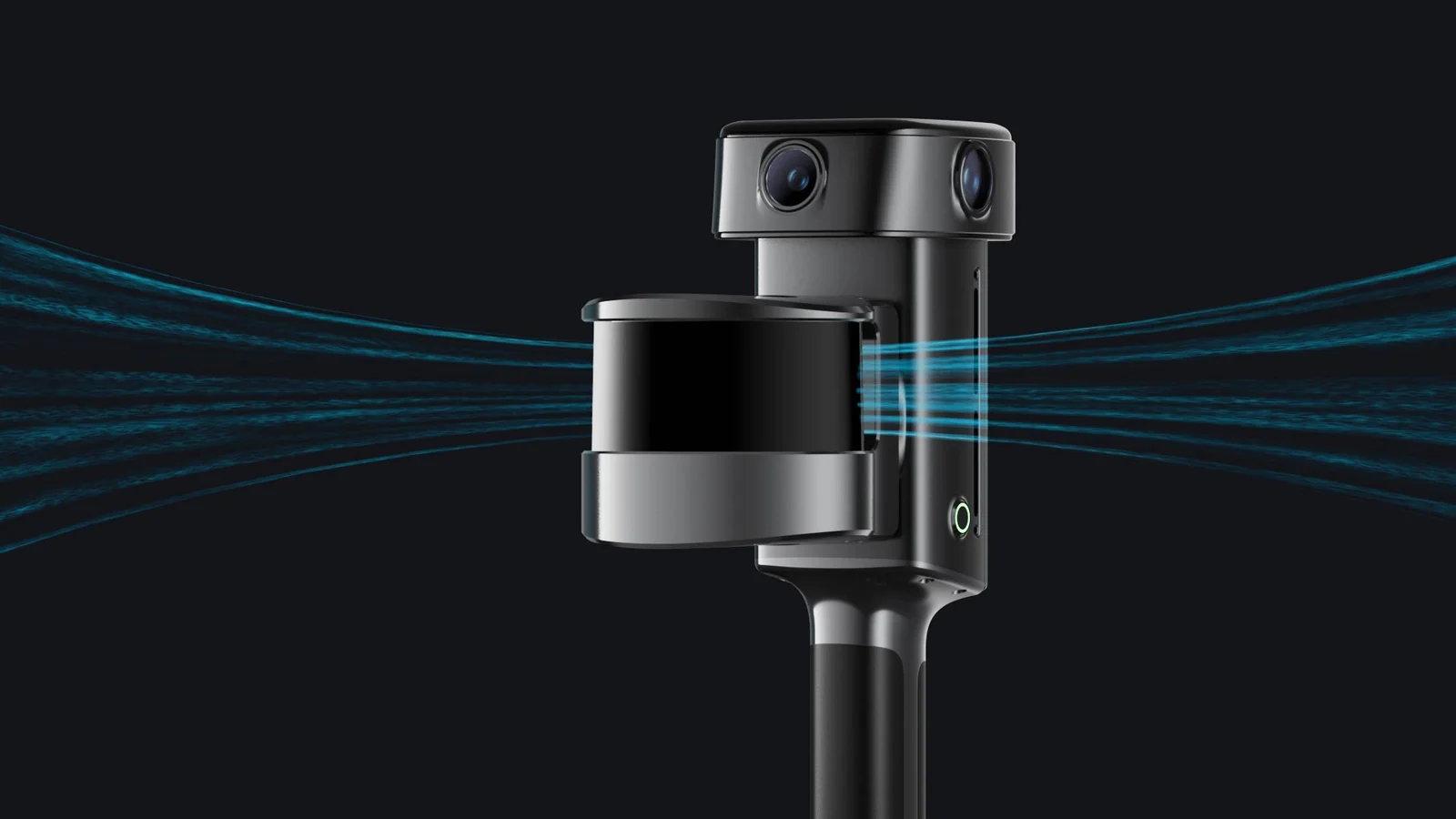 Close-up of the XGRIDS Lixel L3 rotating LiDAR module and laser aperture