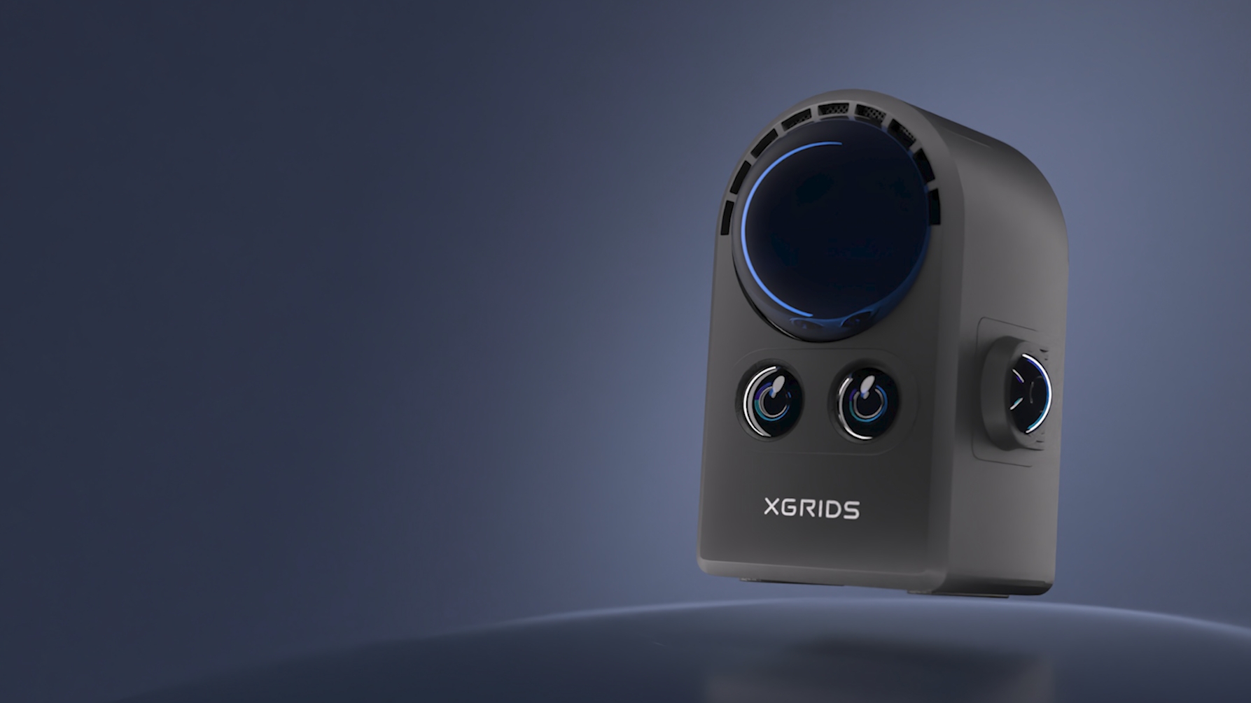 XGRIDS PortalCam handheld 3D Gaussian Splatting scanner studio render with glowing lens array